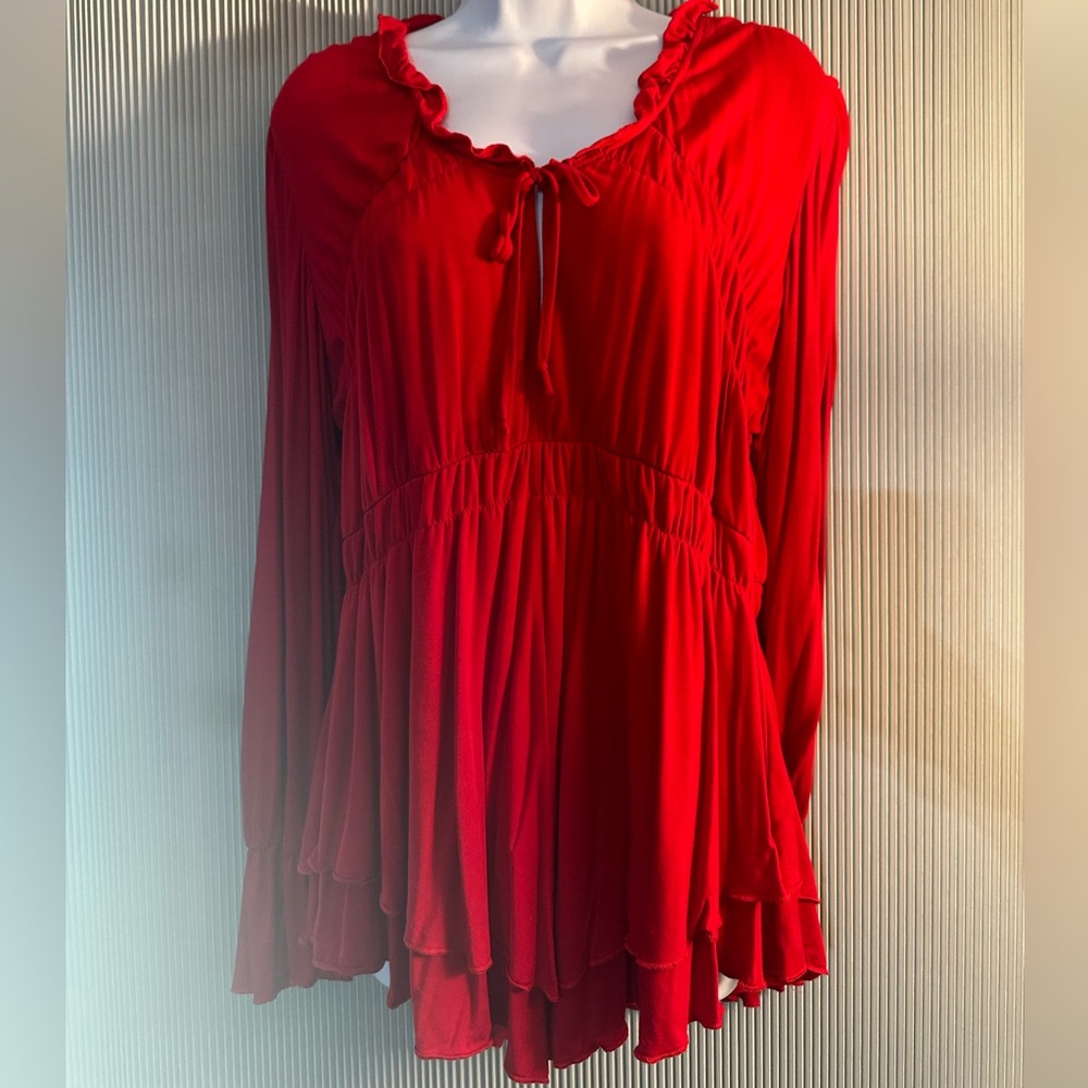 Boston Proper red top with flowing sleeves.